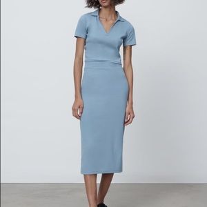 Zara BLACK Ribbed Matching Set (Polo Shirt and Midi Skirt)